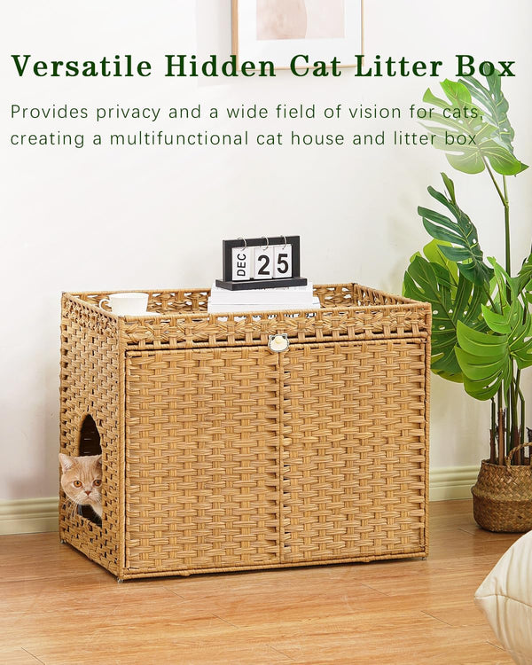 SETVSON Cat Litter Box Enclosure Furniture, Handwoven Rattan Hidden Litter Box with Mat, Large Space Cat House with 2 S-Shaped Hooks 30.3 X 18.3 X 24.4 Inches, Indoor for Living Room Apartment Natural7