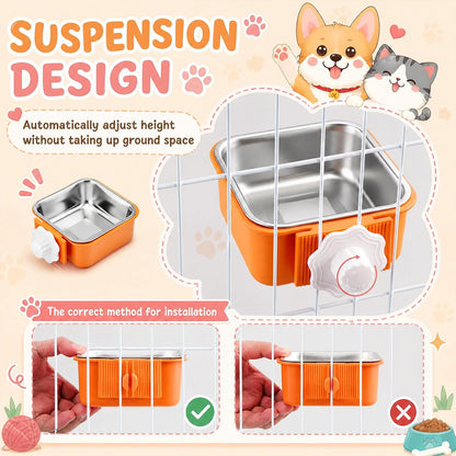Lemonroad 12 Pcs Dog Crate Water Bowl Bulk No Spill Hanging for Kennel Removable Stainless Steel Puppy Food Water Feeding Bowls Cage Coop Cup for Dogs Cats Rabbits Birds Ferret(Square Bowl)4
