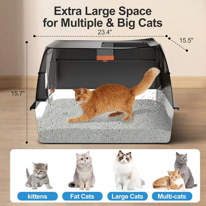 Stainless Steel Litter Box with Lid,Front Entry Top Exit Kitty Litterbox,Extra Large Enclosed Metal Cat Box with Litter Scoop & Litter Mat-Black2