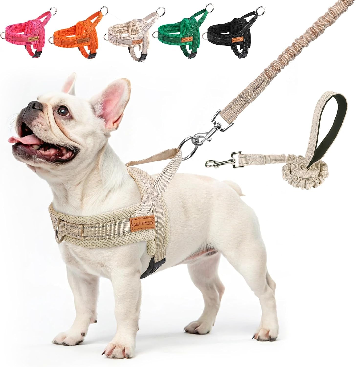 beautyzoo-dog-harness-no-pull-quick-fit-dog-harness-and-leash-set-escape-proof-vest-harness-with-soft-handle-reflective-breathable-mesh-padding-harness-for-medium-size-dog-training-walking-beige-m