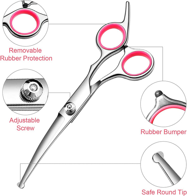 Dog Grooming Scissors Kit, Premium Stainless Steel Dog Shears with Curved Shears, Sharp Durable for Dogs Cats+Pink 3 Piece2