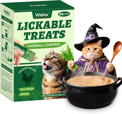 Wellix Lickable Cat Treats Grain-Free Chicken & Cat Grass Flavor (24 Count) | Low-Calorie Squeezable up Cat Treats with Cat Grass & FOS for Gentle Hairball Control, Digestive & Gut Health Support1