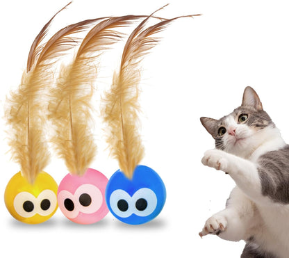 Bouncy Tails 3-Pack Cat Ball Toy with Natural Feathers, Interactive Cat Toys for Bored Indoor Adult Cats, Feather Cat Toy for Indoor Cats and Playful Kittens1