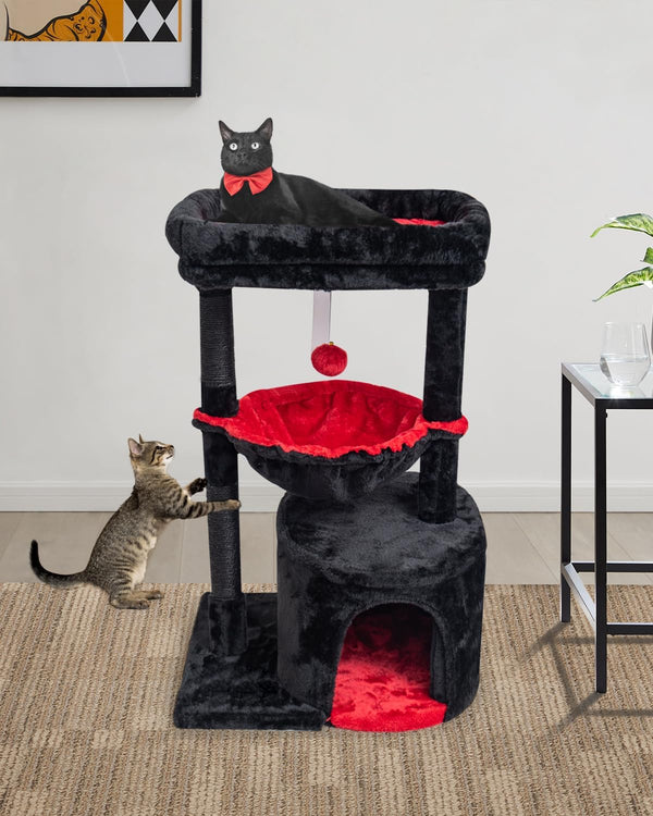 SYANDLVY Gothic Cat Tree with Coffin Bed for Indoor Cats, Modern House | Small Activity Tower with Scratching Post, Condo & Cradle, Kittens Cave, Black & Red6