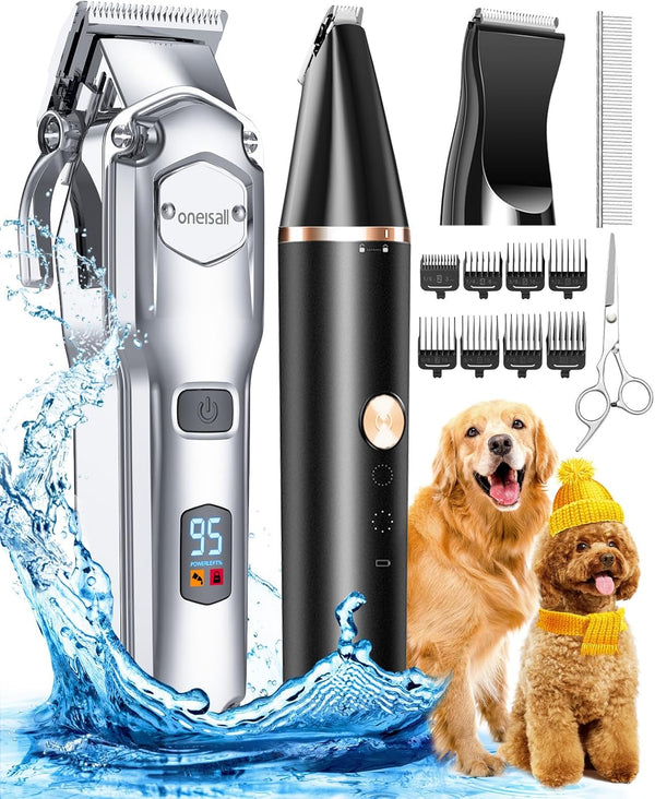 Oneisall Dog Grooming Kit for Thick/Matted Hair with Stainless Steel Blade | Powerful Motor, Dog Clippers+Paw Trimmers, IPX7 Waterproof, Low Noise, Cordless & Long Battery Life1
