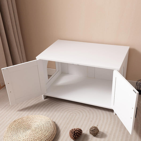 Cat Litter Box Enclosure with Barn Door Wooden Cat Washroom Furniture Litter Box Furniture Hidden End Side Table Pet House Multi Functional Double Cabinet Doors for Bedroom Living White5