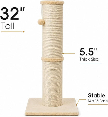 PAWSCRAT 32-Inch Tall Cat Scratching Post, 5.5-Inch Diameter, Sisal, Beige | Natural Sisal Scratching Surface with a Dangling Ball for Indoor Cats, Scratch-Resistant Durable and Protect Your Furniture2