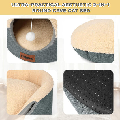 2-In-1 Foldable Cat Bed for Indoor Cats, Cat Cave & Sofa Bed | 15.7"D X 13"H, Reversible Plush & Linen Cushion,Enclosed Cat Bed, Hanging Cat Toys, Non-Slip, Small Cat House, Grey5