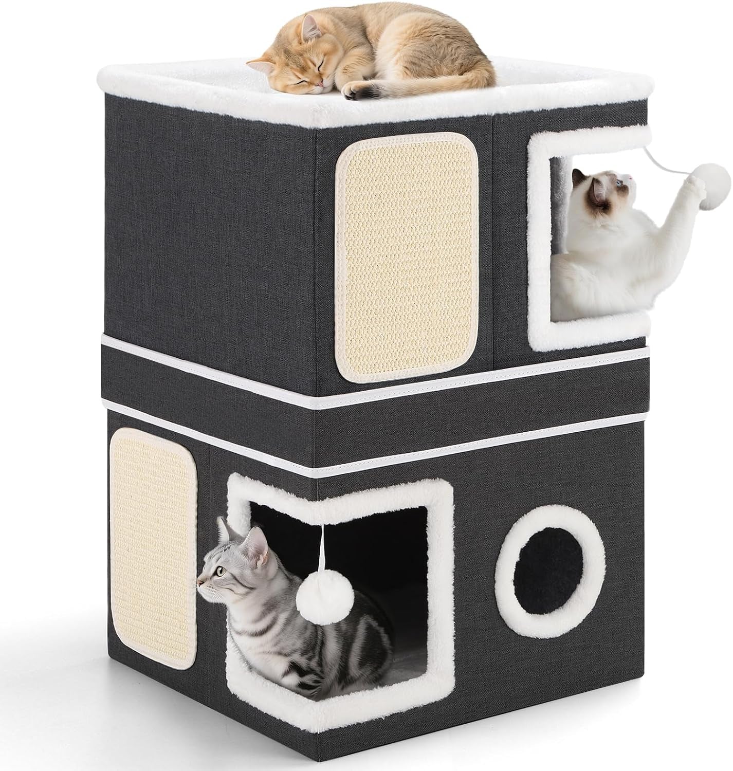 shikha-cat-house-bed-for-indoor-cats-with-fluffy-ball-and-scratch-pad-grey-foldable-large-cat-cave-hideaway-with-cozy-condo-hide-and-seek-window-holds-up-to-30lbs-all-season-reversible-cushion