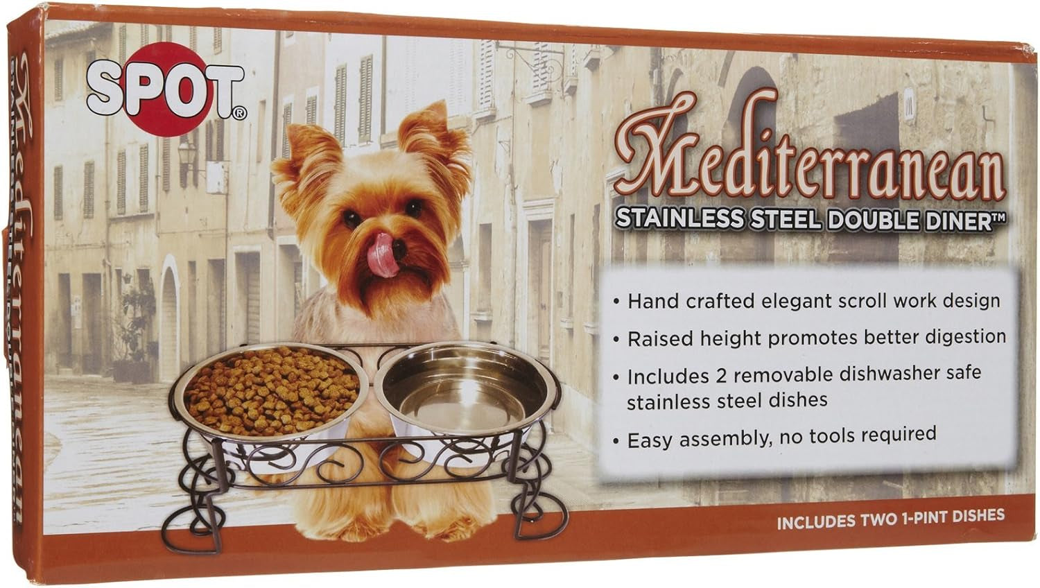 spot-mediterranean-double-diner-elevated-dog-bowls-raised-feeder-with-stainless-steel-bowls-1-pint-capacity-per-bowl-2-cups-total-promotes-better-digestion-decorative-metal-stand-black