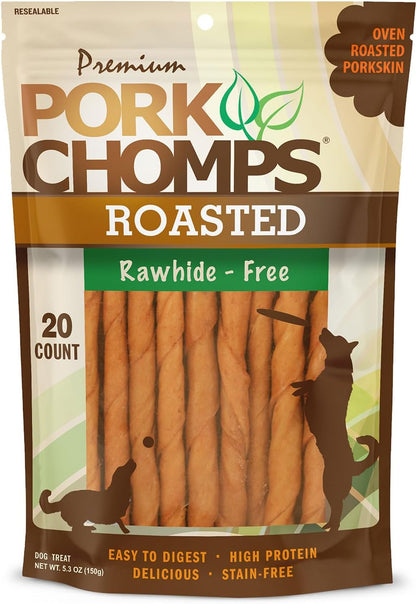 Pork Chomps Roasted Pork Skin Dog Chews, 5 Inch Mini Twists, 20 Count - Long-Lasting Treats for Dogs - High Protein, Rawhide-Free, Low Fat, Healthy & Delicious Chews1