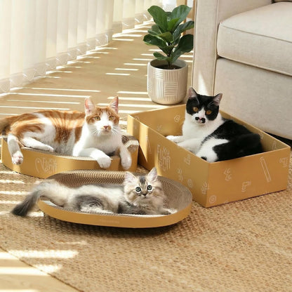 FUKUMARU 3PCS Cardboard Cat Scratcher Bed, Durable Oval Cat Scratch Pads | round Cats Scratching Board Set, Large Scratcher Box for Indoor Cats, Kitten Scratcher Bowl, Couch Sofa Furniture Protector1