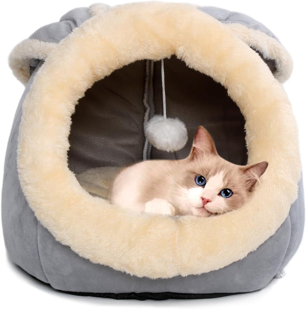Cat Beds for Indoor Cats-Rabbit-Shaped Cat Cave Bed with Hanging Toy,Grey M | Super Soft Calming Cat Tent House for Kitten&Puppy,Warm Plush&Machine Washable&Removable Cushioned Pad,Cute Cat Hideaway1