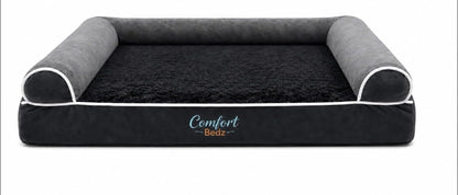 Orthopedic Dog Bed, Plush Velvet and Rabbit Fur, Raised Bolster Sides, Washable Cushion, Non-Slip Bottom, Dark Gray1