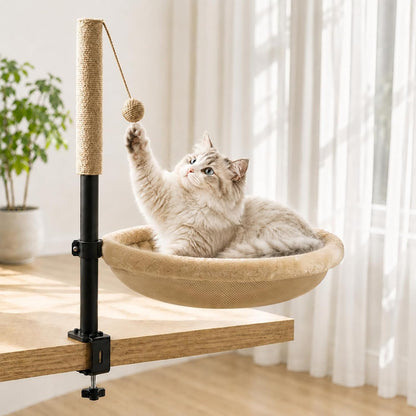 Cat Desk Bed with Scratching Post Clamp on 360 Rotating Camel | Adjustable Height, Reversible Machine Washable Cover, Alloy Steel Frame, Space Saving Perch, Supports Cats up to 45 Pounds1
