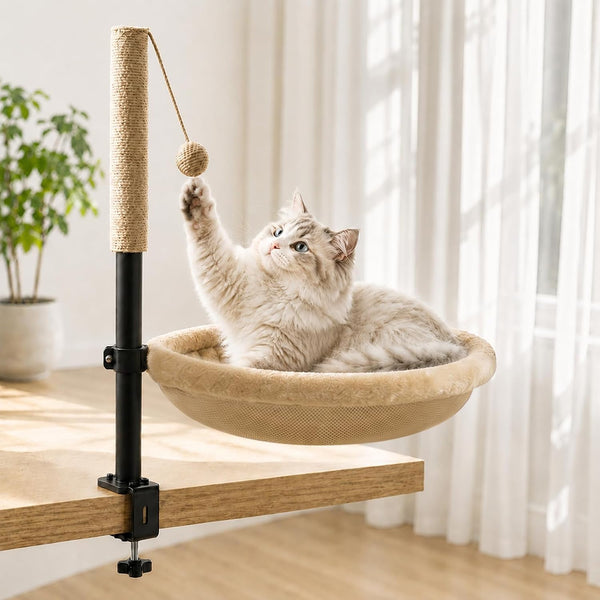 Cat Desk Bed with Scratching Post Clamp on 360 Rotating Camel | Adjustable Height, Reversible Machine Washable Cover, Alloy Steel Frame, Space Saving Perch, Supports Cats up to 45 Pounds1