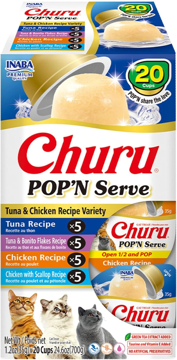 INABA Churu Pop'N Serve Lickable Cat Treats, Tuna Variety, 10Ct | Immune Support, 90% Moisture, 16 Calories, Soft Jelly, Easy-Serve Cup, Grain-Free, 10 X 1.2 Oz Cups10