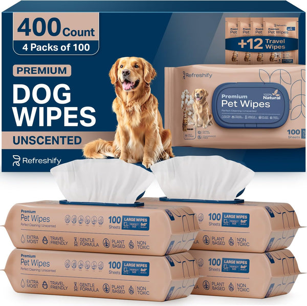 REFRESHIFY Dog Wipes for Paws and Butt - Plant Based Unscented (Pack of 400) - Pet Wipes for Dogs and Cats - Deodorizing Non Toxic Dog Wipes, +12 Additional Travel Wipes1