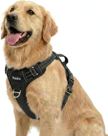 Funfox Dog Harness Medium Sized Dog, Vertical Handle Easy Control, No Pull Pet Vest Adjustable with 2 Leash Clips, Soft Material, Reflective Safe Night Walking for Small Medium Large Breed, Black, M10