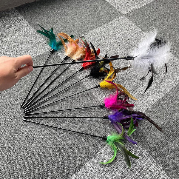 Cat Feather Wand Toys 10-Pack with Bell Indoor Kittens | Natural Feather Teaser with Bell.Interactive Wand Toy Durable Construction Withstands Active Play.4
