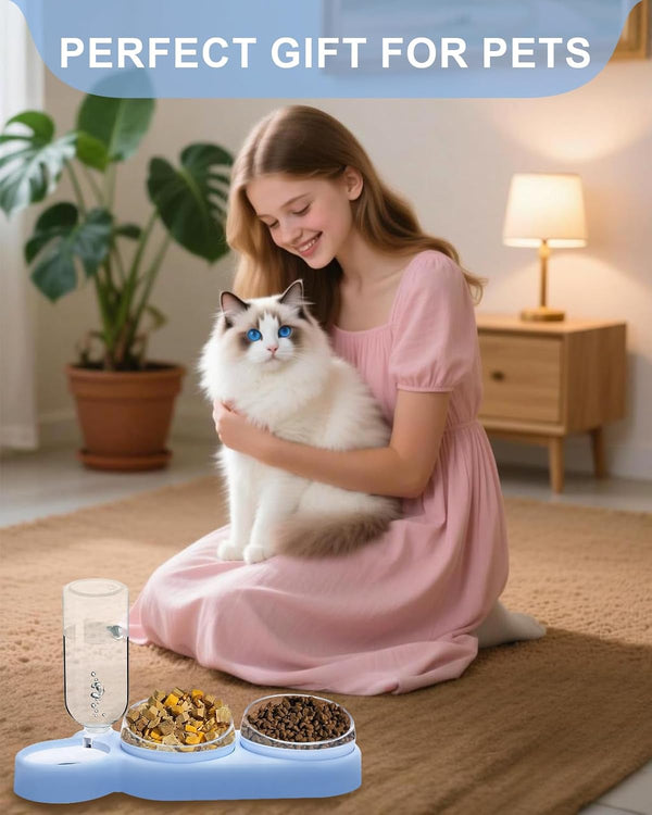 Cat Bowls Set，3 in 1 15°Tilt Water Feeder Bowls Cat Double Food Bowls with 500Ml Dispensing Bottle for Small & Medium Pets,Lightweight & Easy to Clean7