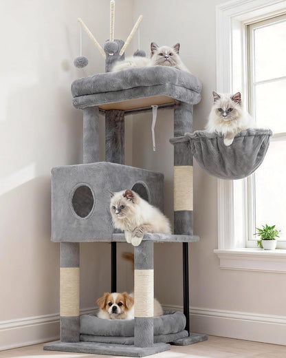 Heybly Cat Tree, 45.3-Inch Cat Tower for Indoor Cats with Large Perch, All-In-One Cat Furniture with Cozy Bed, Hidden Space Cat Condo, Comfy Hammock, Scratching Posts & 3 Pompoms, Light Gray HCT202SW1
