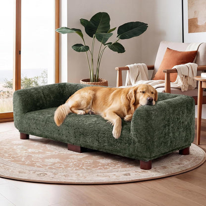 Dog Couch Sofa for Large & Extra Large Dogs, Elevated Pet Bed with Legs, Button Tufted Chenille Dog Couch with Backrest and Armrests, Modern Indoor Dog Furniture(Green, XXL - 55" X 28" X 15")7