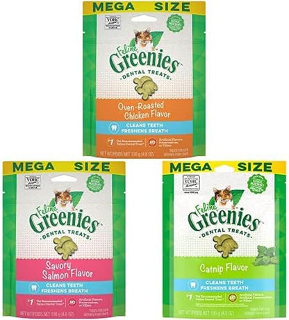 Greenies Feline Adult Natural Dental Care Cat Treats Bundle- Oven Roasted Chicken, Savory Salmon and Catnip Flavors, 4.6 Oz. Pouches1