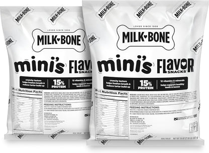 Milk-Bone Flavor Snacks Mini’S Dog Biscuits, Flavored Crunchy Dog Treats, 36 Oz. Canister | 5 Calories per Treat, 15% Protein, 3 Flavors per Canister (Beef, Chicken & Bacon, Naturally & Artificially Flavored)15