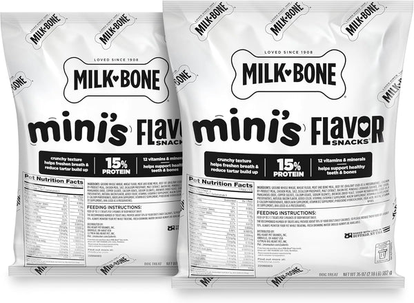 Milk-Bone Flavor Snacks Mini’S Dog Biscuits, Flavored Crunchy Dog Treats, 36 Oz. Canister | 5 Calories per Treat, 15% Protein, 3 Flavors per Canister (Beef, Chicken & Bacon, Naturally & Artificially Flavored)15