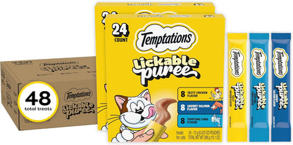Temptations Creamy Puree Cat Treats, Beef, Chicken, Salmon & Tuna, 48 Count | Beef, Salmon, Chicken & Tuna, under 15 Cal/Tube, No Added Sugar or Fillers, Senior-Friendly, Meal Topper or Hand-Feed28