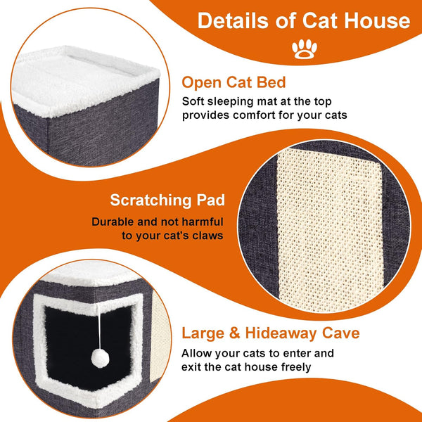 Loyareal Cat Houses for Indoor Cats - Large Cat Bed Cave with Scratch Pad and Fluffy Ball, Foldable Cat Condo Hideaway with Reversible Cushion for Multi Small Pet, Dark Grey4