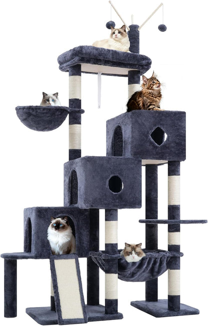 Hey-Brother Cat Tree Tower with 3 Condos, Step Climbing Pathway MPJ081G | 74.8 Inches Scratching Post with 3 House, Hammock, Large Basket, Cozy Bed, Sisal Board, Toys for Big Indoor Cats, Smoky Gray9