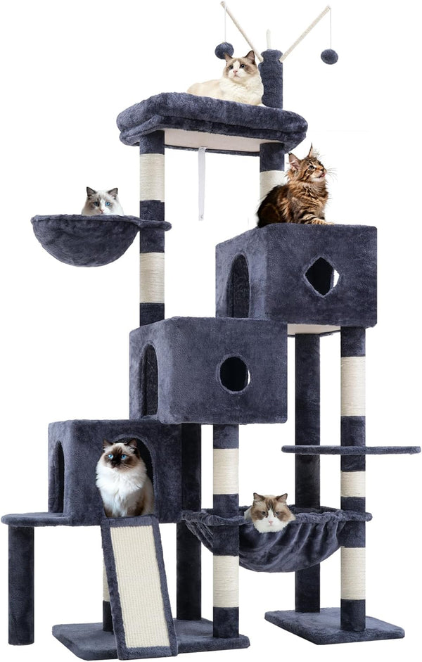 Hey-Brother Cat Tree Tower with 3 Condos, Step Climbing Pathway MPJ081G | 74.8 Inches Scratching Post with 3 House, Hammock, Large Basket, Cozy Bed, Sisal Board, Toys for Big Indoor Cats, Smoky Gray9