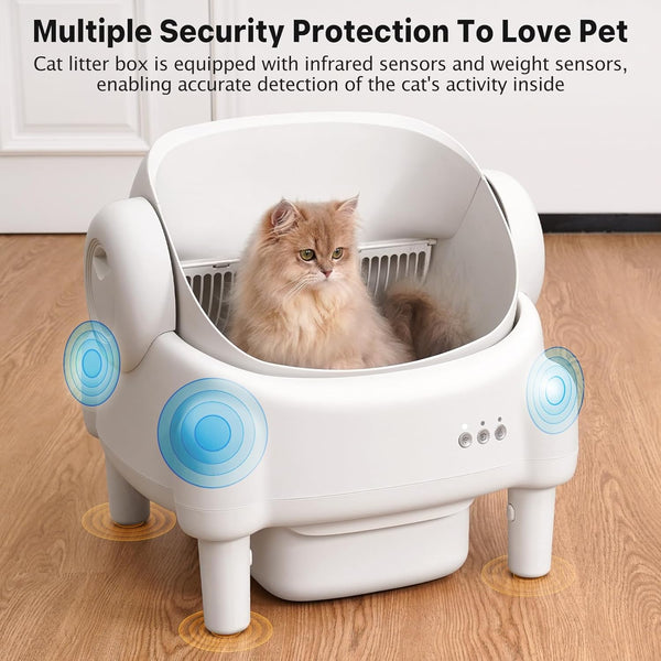 PARUUNTYS Self Cleaning Litter Box,Open Top Automatic Litter Box with App Control for Multiple Cats, Safety Sensors Protection, Odor Control Includes 2 Roll Liners,Large Waste Bin, Cream White4