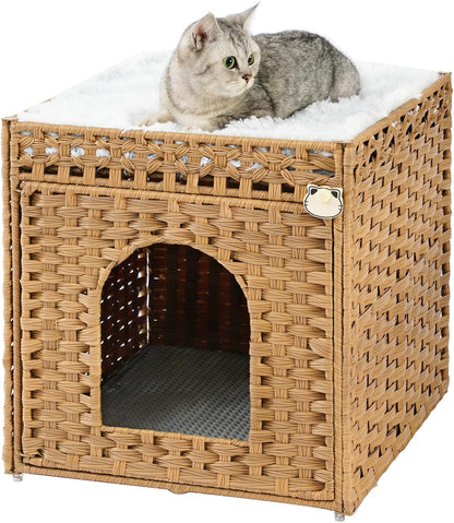 SETVSON Cat Litter Box Enclosure Furniture, Hidden Litter Box with Mat and Fence, Handwoven Rattan Cat House with Two S-Shaped Hooks for Living Room, Bedroom, 18.5 X 20.5 X 19.1 Inches (Natural)8