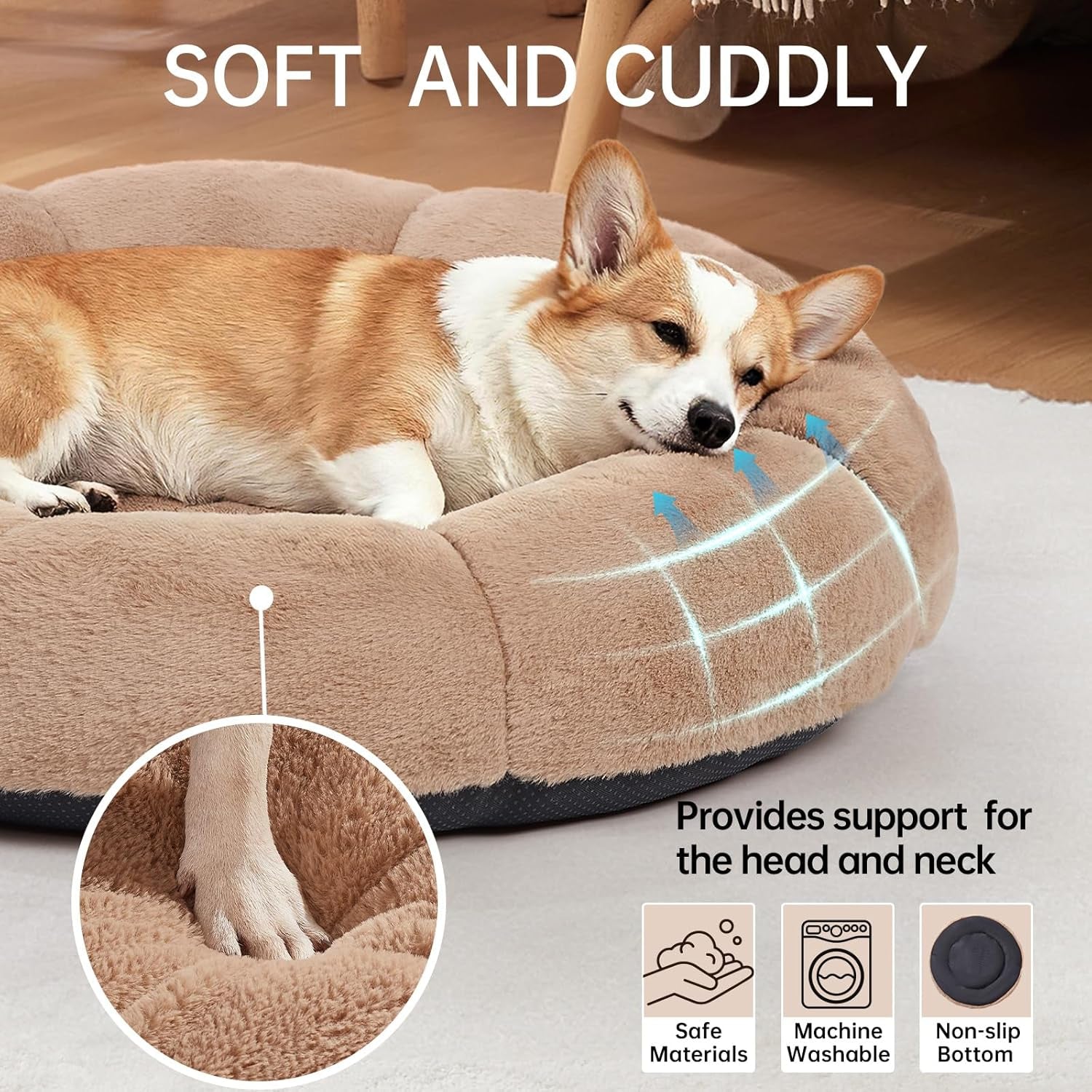 ohgeni-31-inches-calming-donut-orthopedic-dog-cat-bed-for-medium-pets-warming-comfort-fluffy-short-pile-fur-durable-waterproof-machine-washable-removable-cover-cute-round-bed-for-puppy-camel