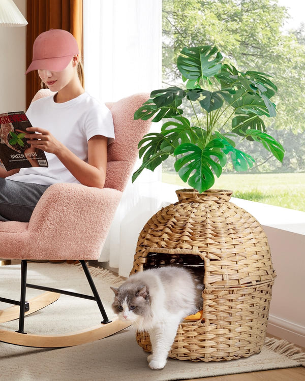 SETVSON Cat Litter Box Plant Furniture Enclosure, Rattan PE House, Natural | Decorative Planter Design, Removable Top for Easy Cleaning, Includes Artificial Plants, Real Stones, 20 X 20 Inches6