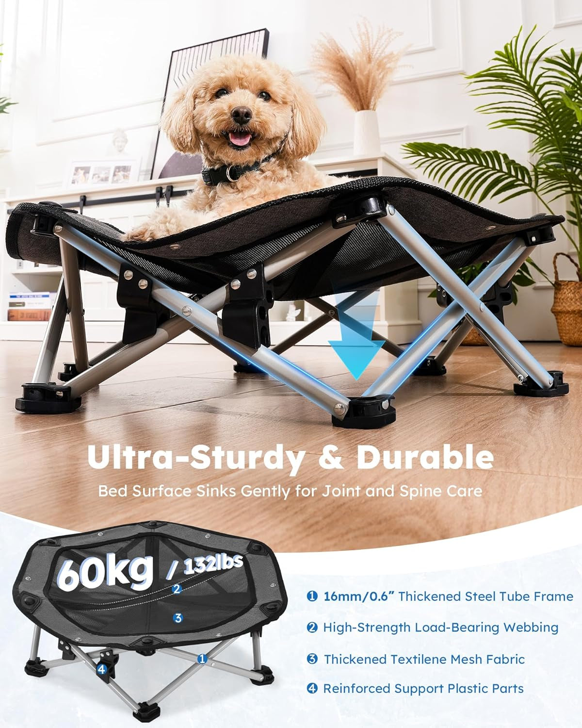 pecute-raised-dog-bed-with-cooling-mat-elevated-pet-cot-for-small-dogs-m-breathable-textilene-mesh-outdoor-camping-beach-steel-frame-130-lbs-heavy-duty-support-tool-free-3-second-quick-assembly