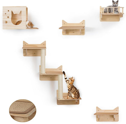 Cat Wall Shelves, 9-Piece Cat Wall Furniture for Large Cats | Solid Pine Wall Mounted Cat Furniture with Cat House, Cat Climbing Shelves, Ladder and Sisal Scratching Posts for Indoor Cats10