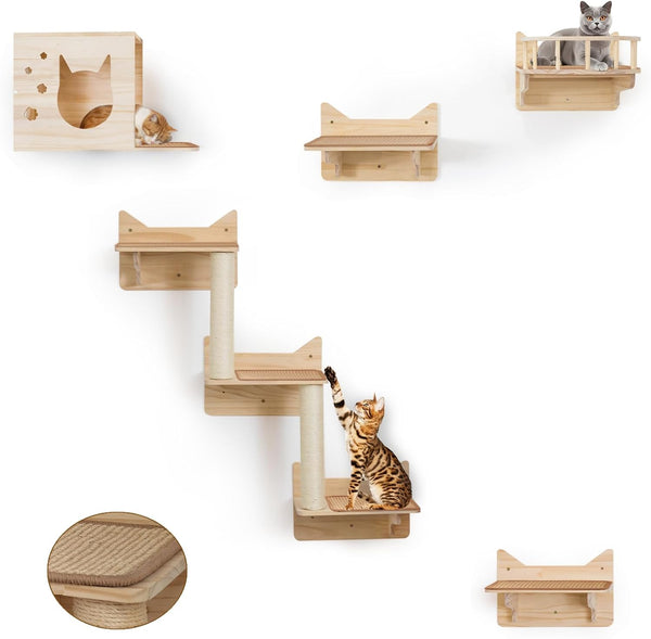 Cat Wall Shelves, 9-Piece Cat Wall Furniture for Large Cats | Solid Pine Wall Mounted Cat Furniture with Cat House, Cat Climbing Shelves, Ladder and Sisal Scratching Posts for Indoor Cats10