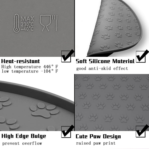 Silicone Pet Food Mat, Dog Food and Water Mat, Raised Edge Rubber Mat for Dog Bowls, Prevents Food and Water from Staining Floors, Suitable for Small and Medium Pets，10.6'' (Gray - Odorless)6