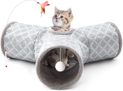 Tempcore Pet Cat Tunnel Tube Toys 3 Way Collapsible, Tunnels for Indoor Cats, Interactive Tube with Teaser Wand, Peek Holes & Hanging Ball, Black & Blue11