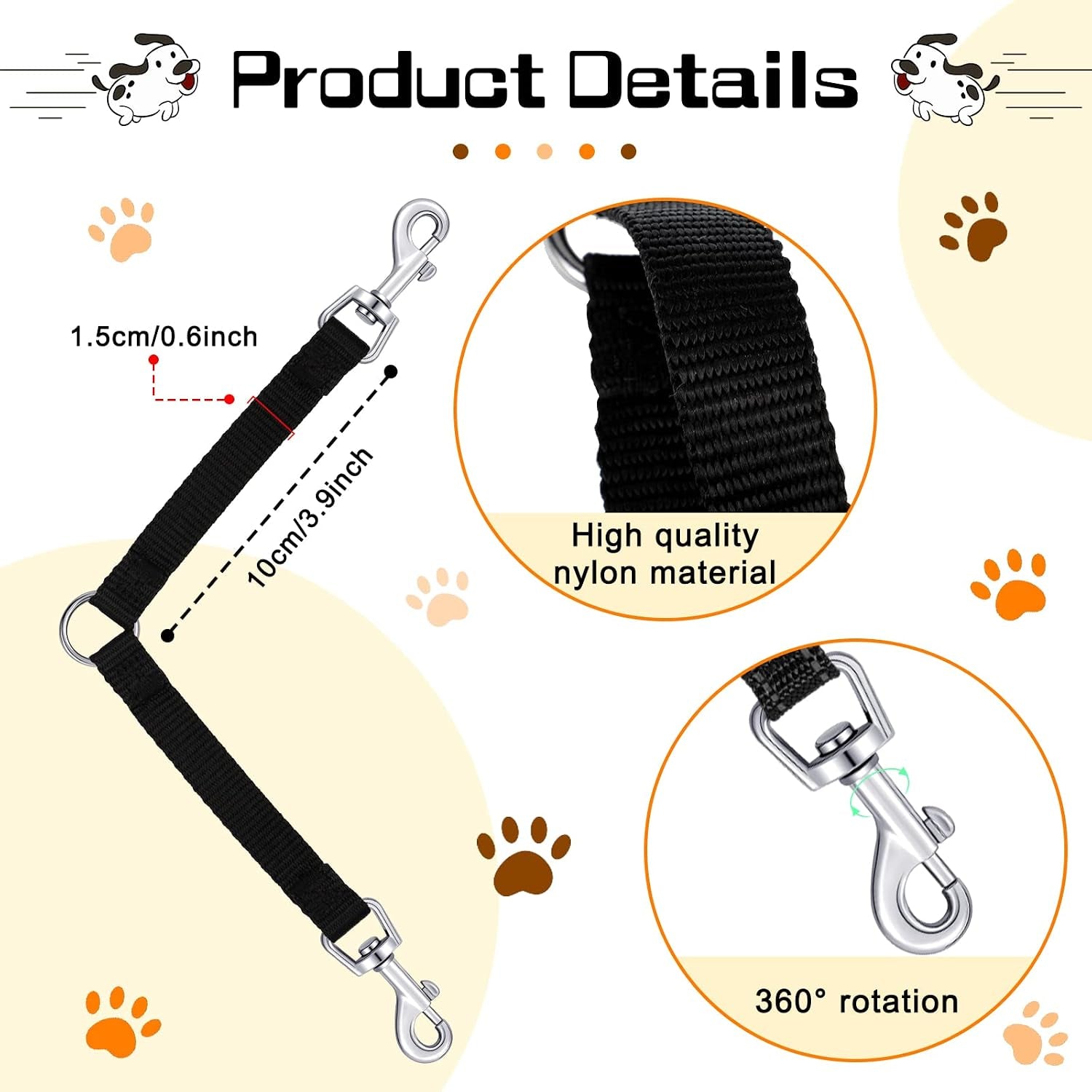 reginary-4-pieces-no-tangle-dog-leash-couplers-black-double-clip-leash-for-two-clasp-dog-0-6-inch-wide-heavy-duty-nylon-for-large-pet-walking-supplies-4-inch