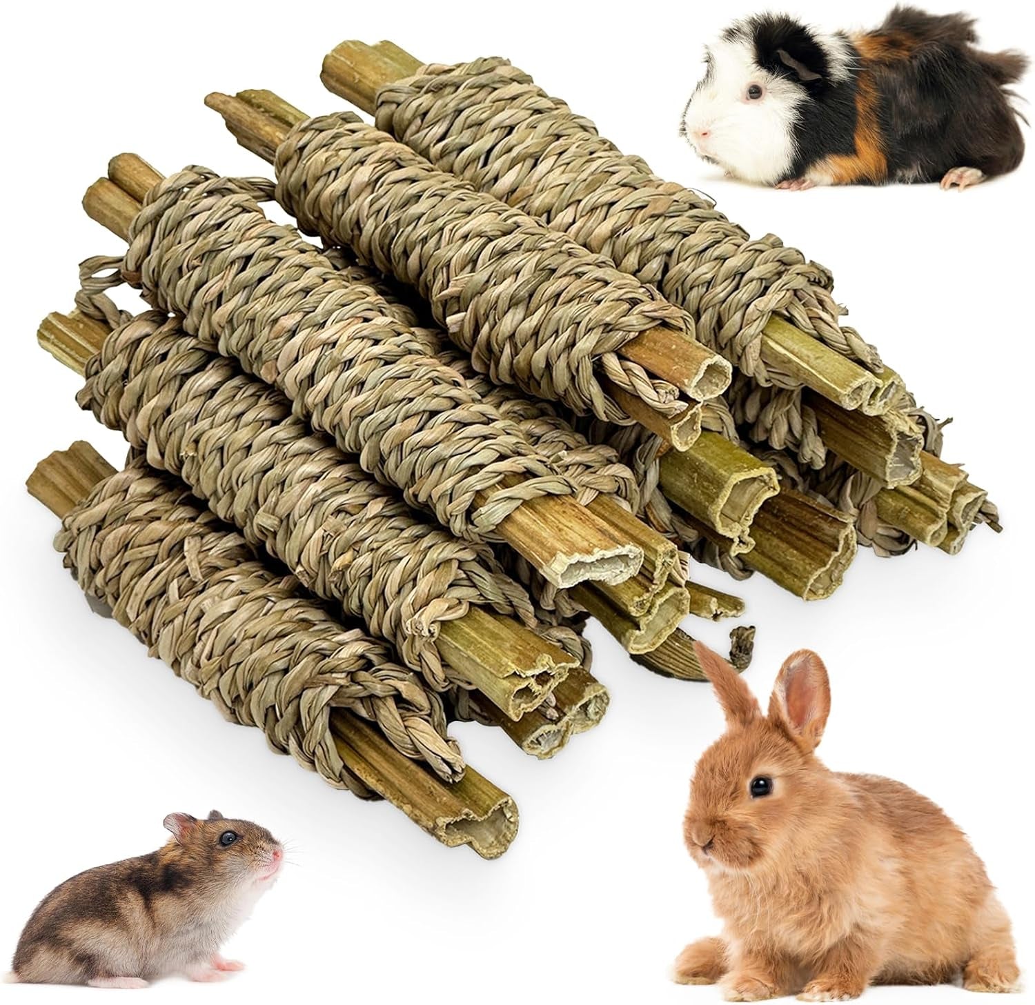 fhiny-12-pcs-rabbit-chew-sticks-natural-papaya-wood-seagrass-guinea-pig-chew-toys-for-teeth-small-animal-molar-sticks-snacks-for-bunny-guinea-pig-chinchilla-ferret-hamster-gerbil-dental-care