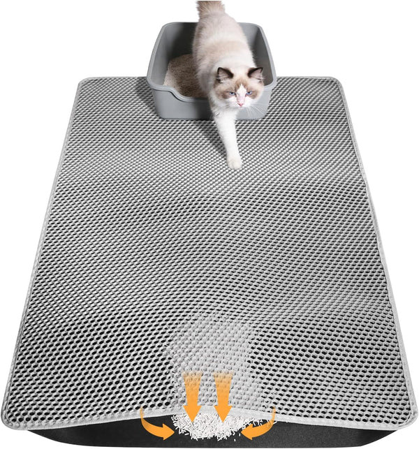 Cat Litter Mat 46"X26", Double Layer Waterproof Litterbox Mat, Gray | Non-Slip Backing, Washable for Easy Cleanup, Traps Stray Litter with Waterproof Honeycomb Large Grid That Is Urine-Proof.1
