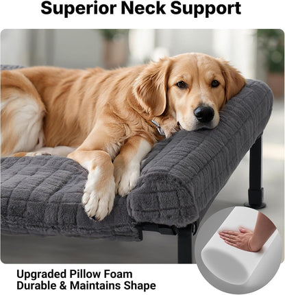 Veehoo Fluffy Plush Double Dog Couch Bed for Two Large Dogs, Washable Elevated Dog Beds with Removable Bolster Cushion, Cooling Raised Pet Cot with Breathable Mesh, No-Slip Feet, 59 X 37 Inches, Grey3