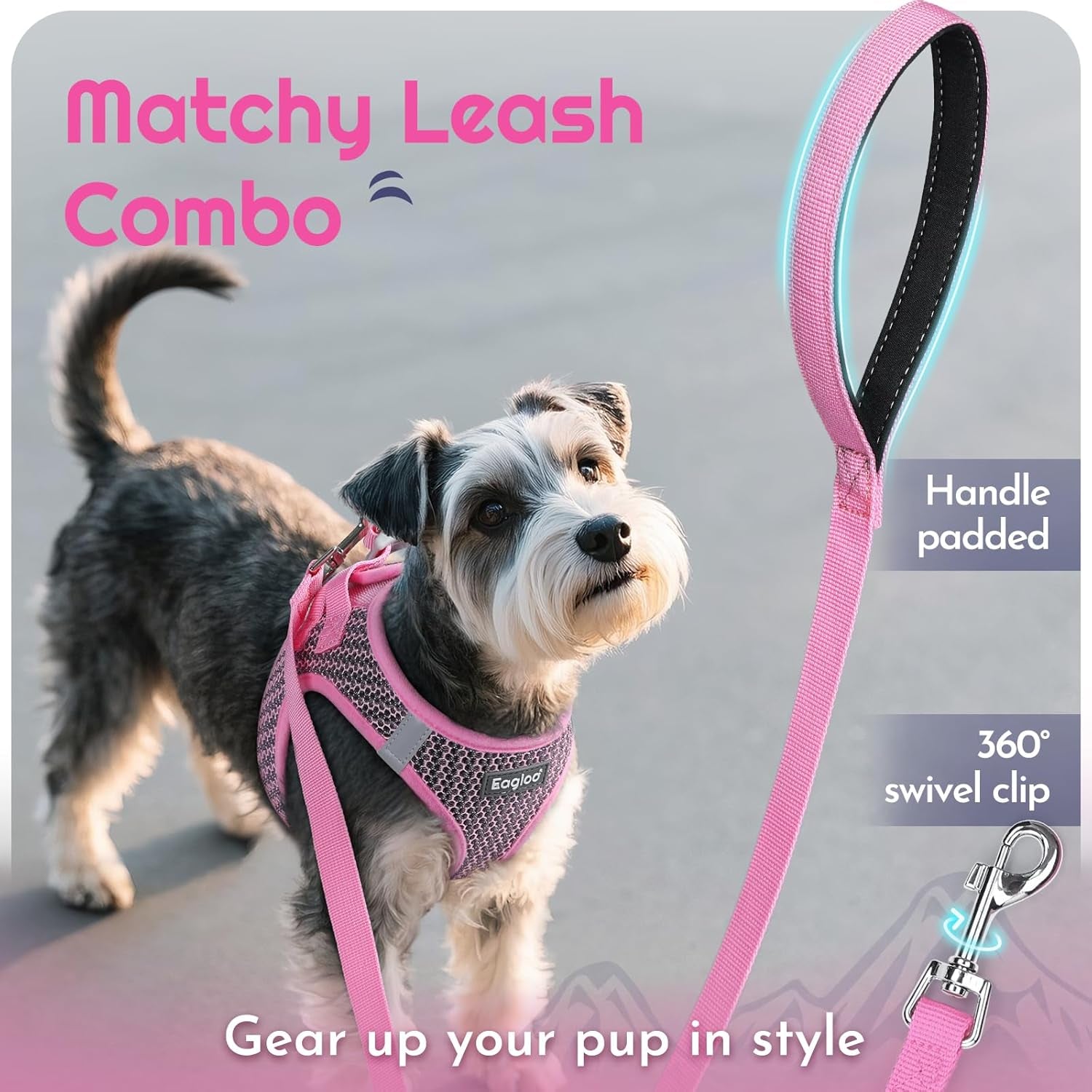 eagloo-small-dog-harness-and-leash-set-step-in-small-sized-puppy-pet-vest-light-soft-breathable-air-mesh-easy-on-and-off-with-hook-loop-reflective-for-safe-walking-pink-s