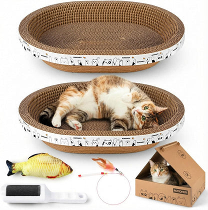 Oval Cat Cardboard Scratcher with Lounger Bed, High-Density Kitty Cat Scratching Pad for Indoor Cats Grinding Claws, Ergonomic Curved Furniture Couch Cat Scratch Protector, 17.3" × 13.6" × 4.5"7
