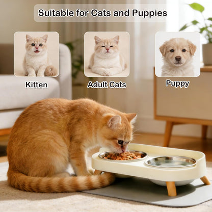 Elevated Cat Bowls with Food Mat, Splash Proof anti Vomiting Raised Cat Food and Water Bowl Set, 2 Stainless Steel Dishes for Cats and Puppy, Pet Bowl for Indoor Cats White6